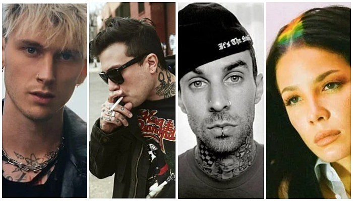 musician tattoos, machine gun kelly, frank iero, travis barker, halsey