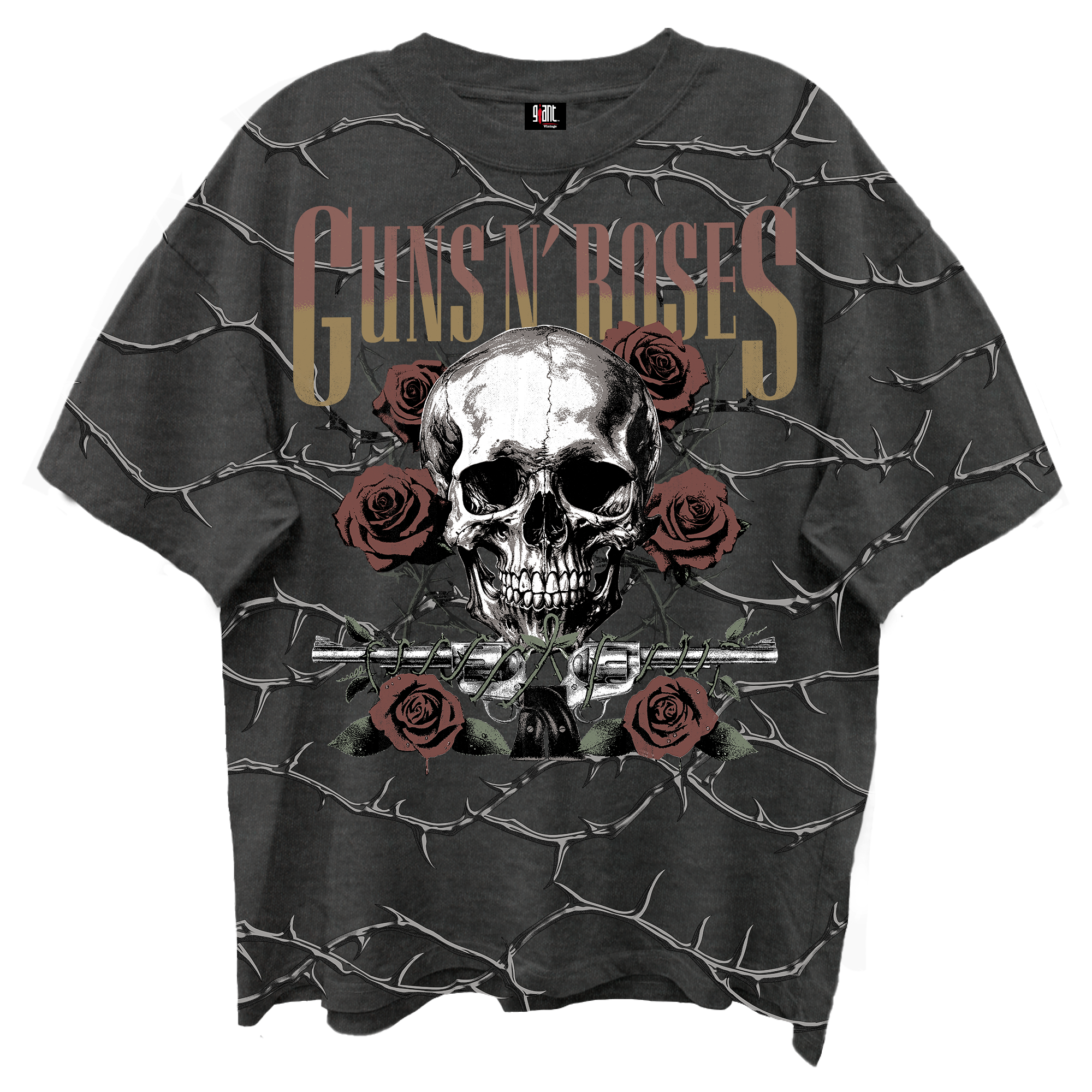 GUNS N ROSES SKULL ROSES FRONT/BCK VINTAGE BLACK ENZYME WASH T-SHIRT/GIANT VINTAGE T-SHIRT