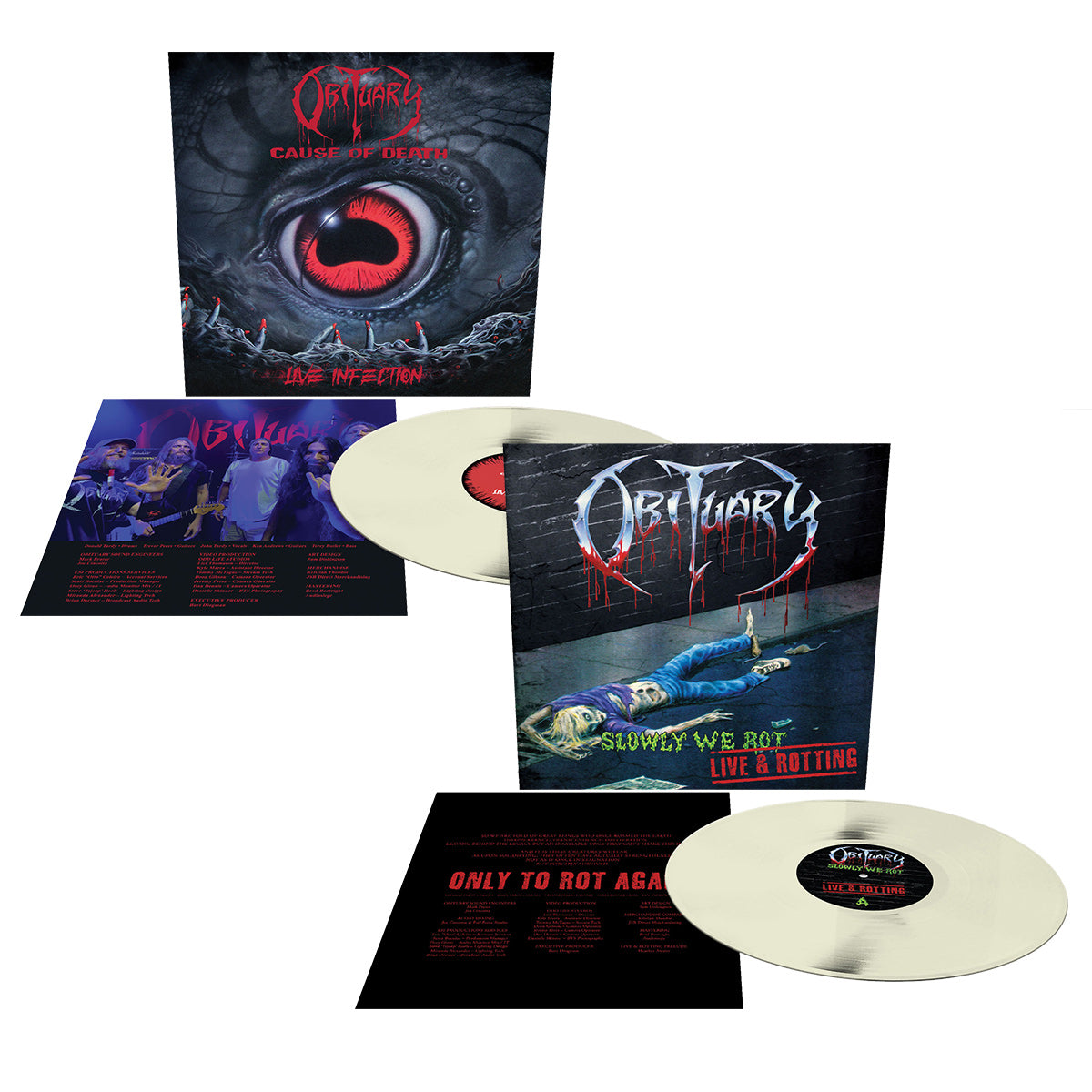 OBITUARY 'CAUSE OF DEATH - LIVE INFECTION' & 'SLOWLY WE ROT - LIVE AND ROTTING' LIVE LP BUNDLE (Limited Edition Bone White Vinyl)
