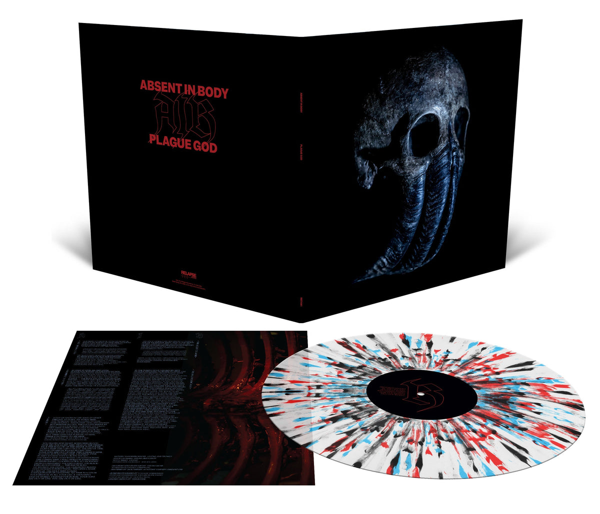 ABSENT IN BODY 'PLAGUE GOD' LP (Limited Edition— Only 500 Made, Milky Clear, Cyan Blue, & Blood Red Splatter Vinyl)