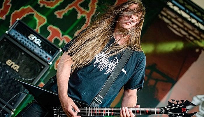 Cannibal Corpse guitarist Pat O'Brien performing live.