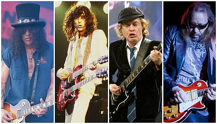 Slash, Jimmy Page, Angus Young, and Ace Frehley counterfeit guitars