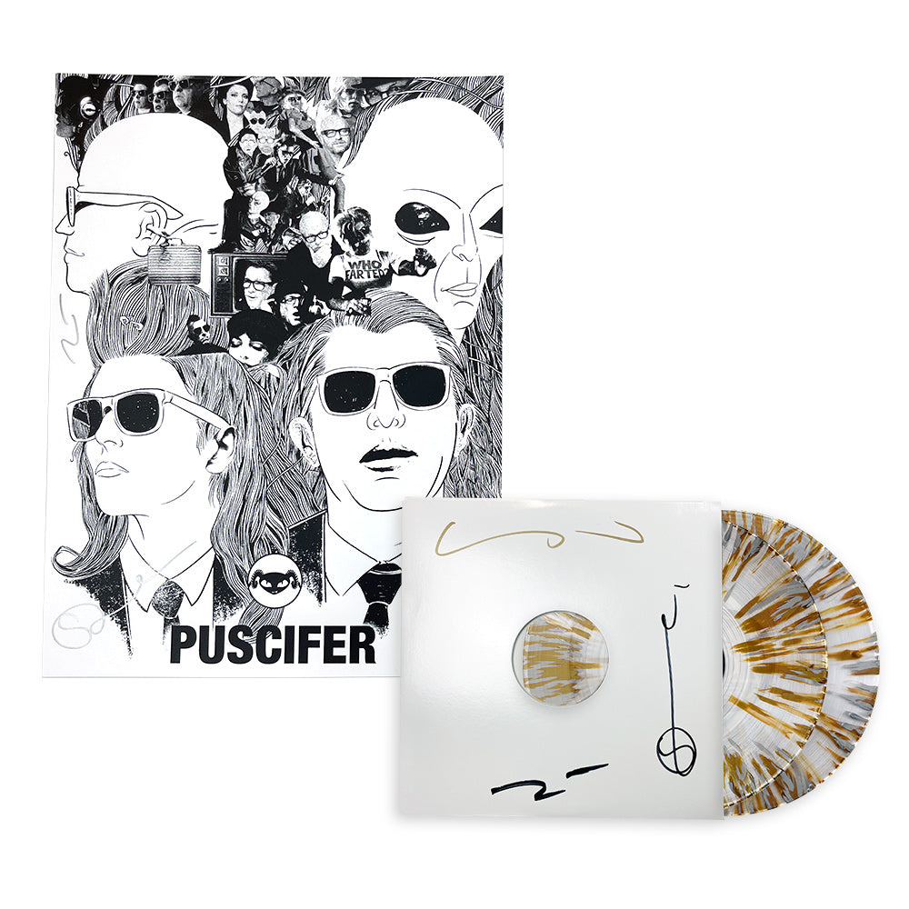 PUSCIFER'EXISTENTIAL RECKONING' 2LP (AUTOGRAPHED TOUR VARIANT #29 ' Clear w/ Gold And Silver Vinyl) + AUTOGRAPHED POSTER